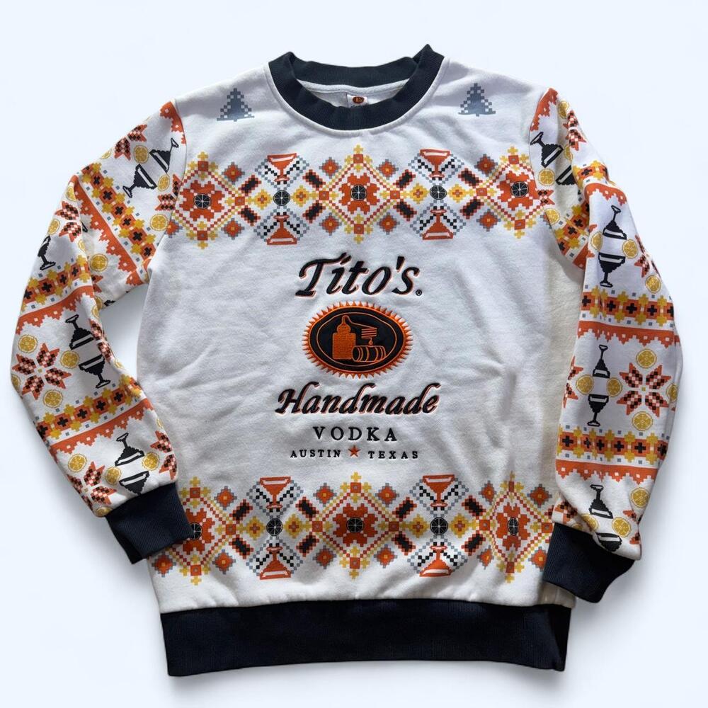 Tito's Handmade Vodka Crewneck Sweatshirt with geometric pattern featuring vodka